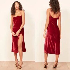 Reformation Red Velvet Ariana High Slit Midi Dress